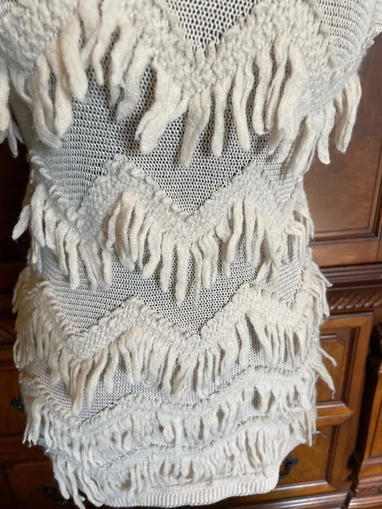 Anthropologie Yellow Bird Cream Fringe Cotton Blend Sweater Size Small - Picture 3 of 8